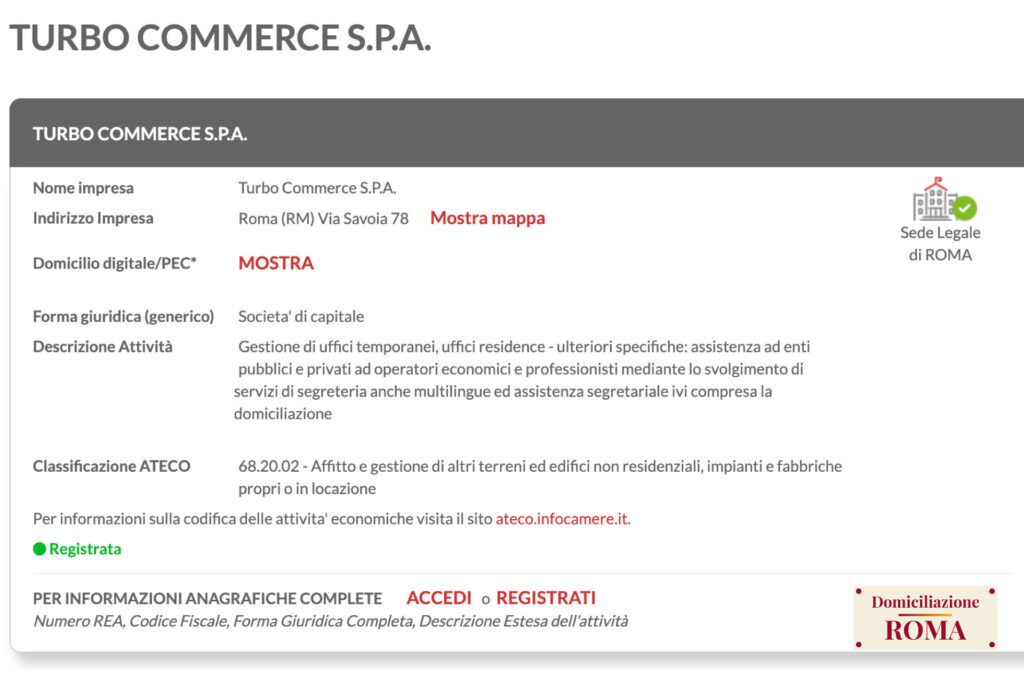 Grafica di esempio di societa con domiciliazione sede segale in business center